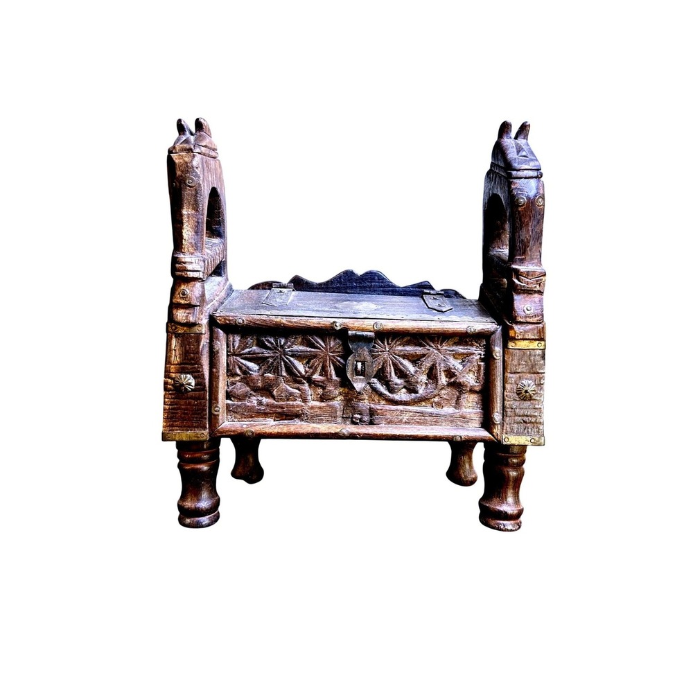 Antique Mughal Carved‎ Wood Dowry Horse Head Chest Collectible Primitive Decor